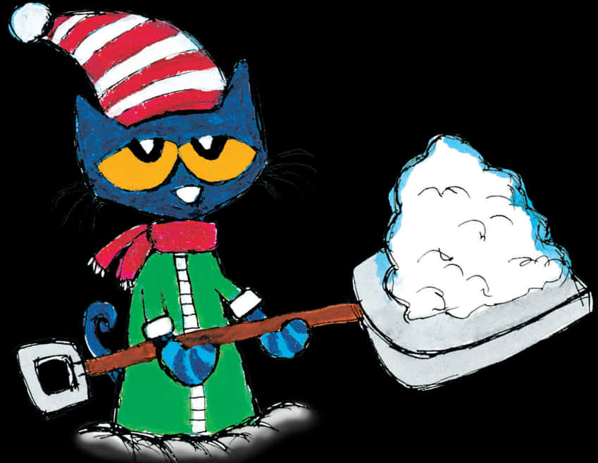 Winter Cat Shoveling Snow Illustration PNG image