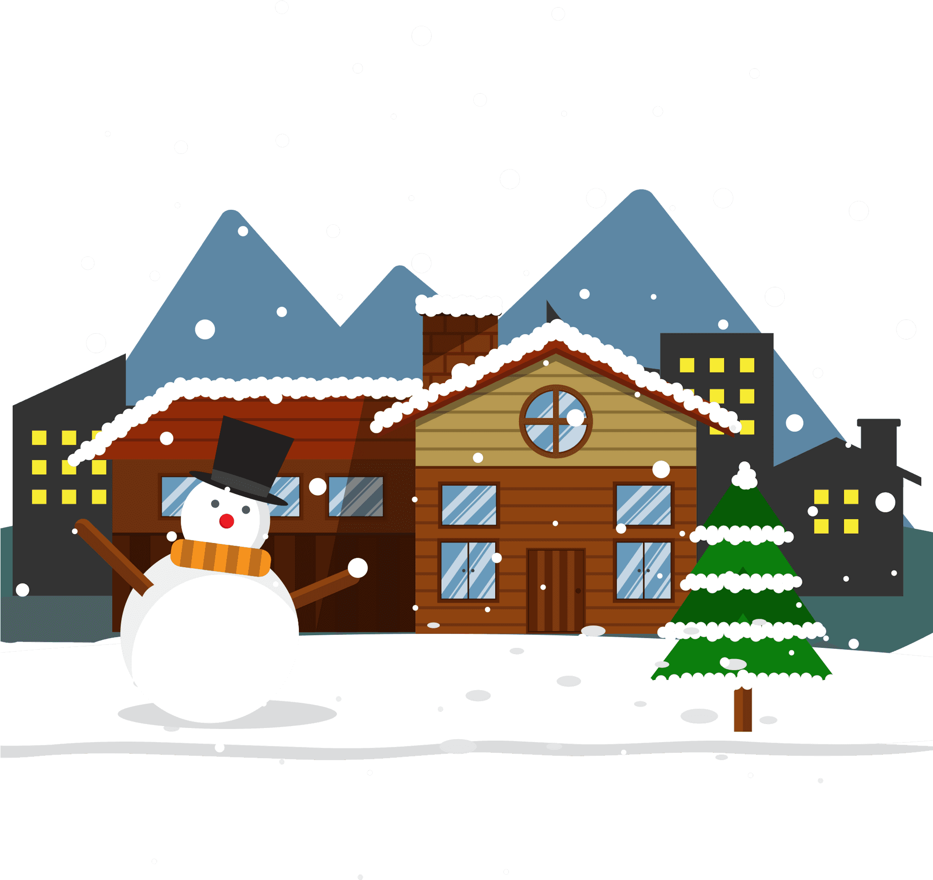 Winter Snowy Scenewith Snowmanand Cabin.jpg PNG image