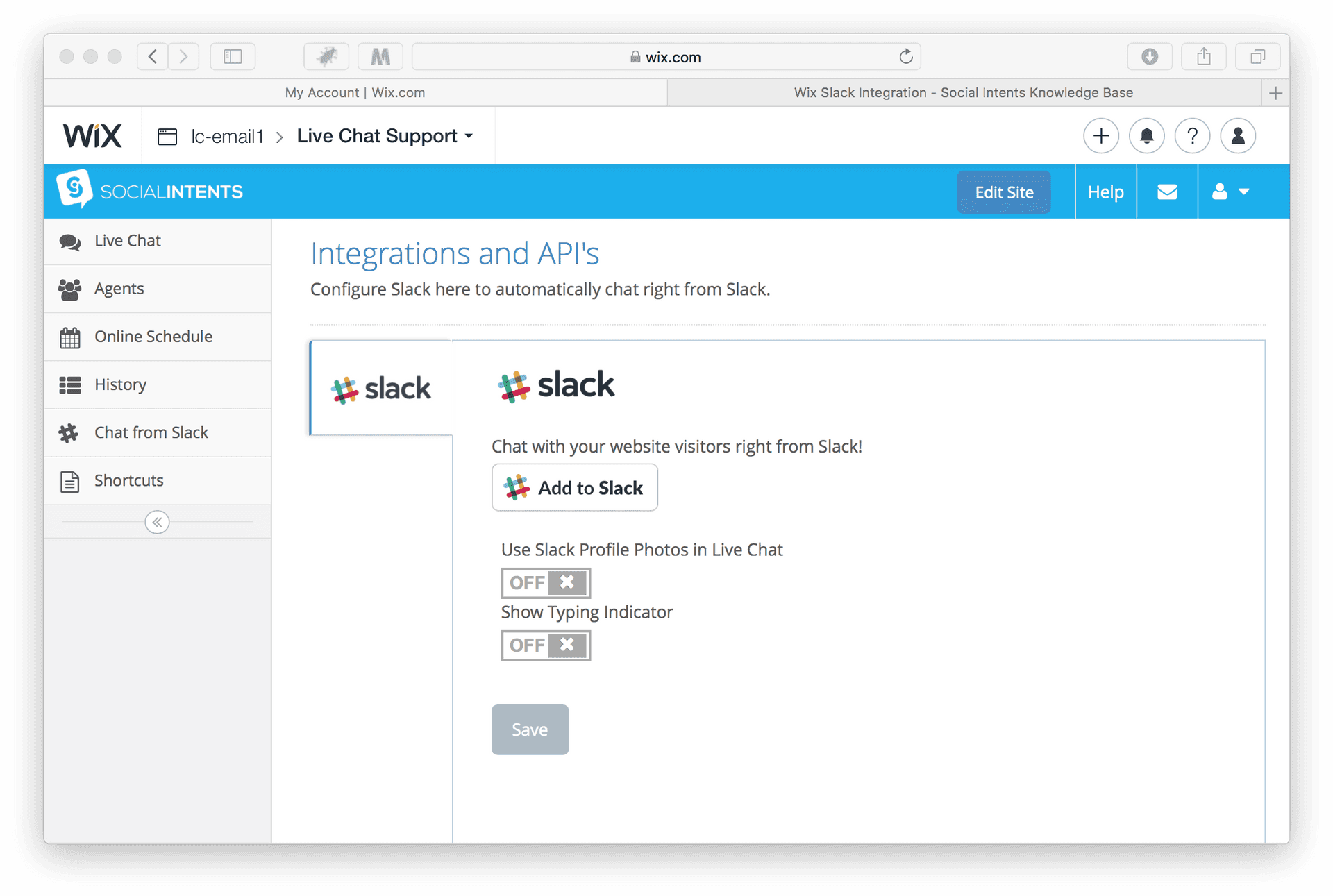 Wix Slack Integration Settings Screenshot PNG image