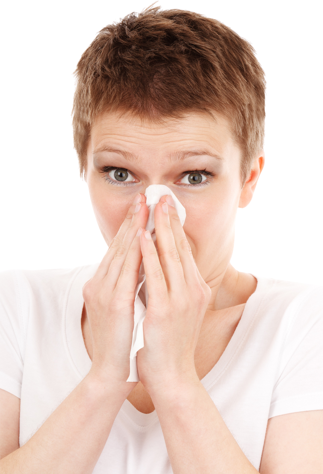 Woman Blowing Nose With Tissue PNG image