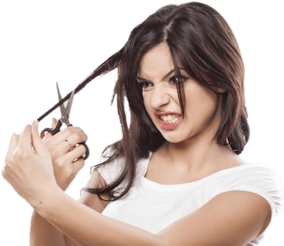 Woman Cutting Hair With Scissors PNG image