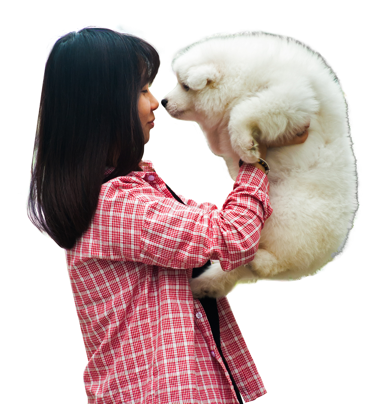 Woman Holding Fluffy White Dog PNG image