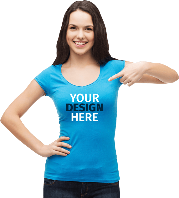 Woman Pointingat Blue Tshirt Mockup PNG image