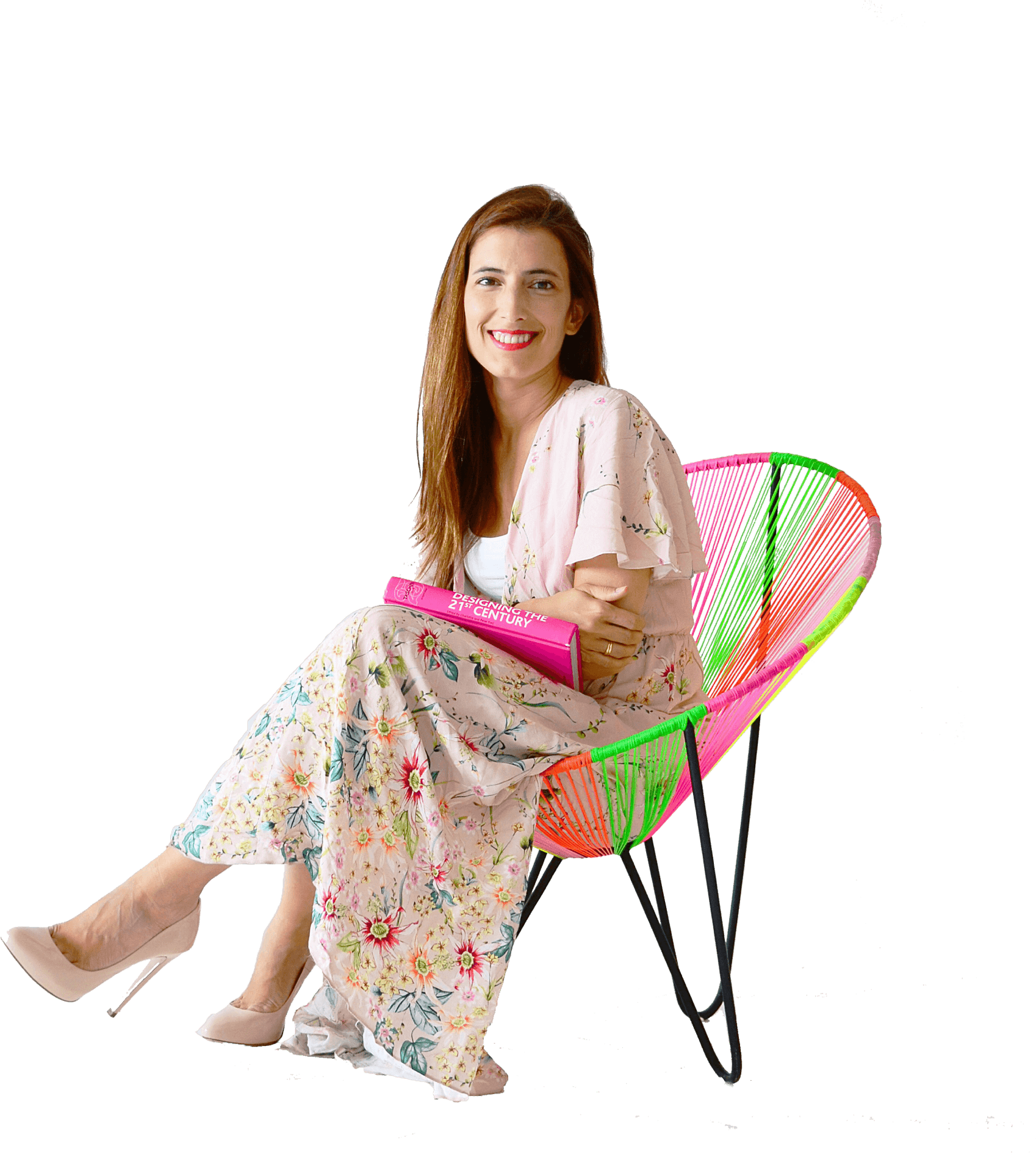 Woman Sittingin Colorful Chair PNG image