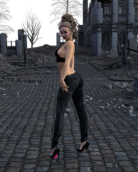 Womanin Black Outfit Ruined City Backdrop PNG image
