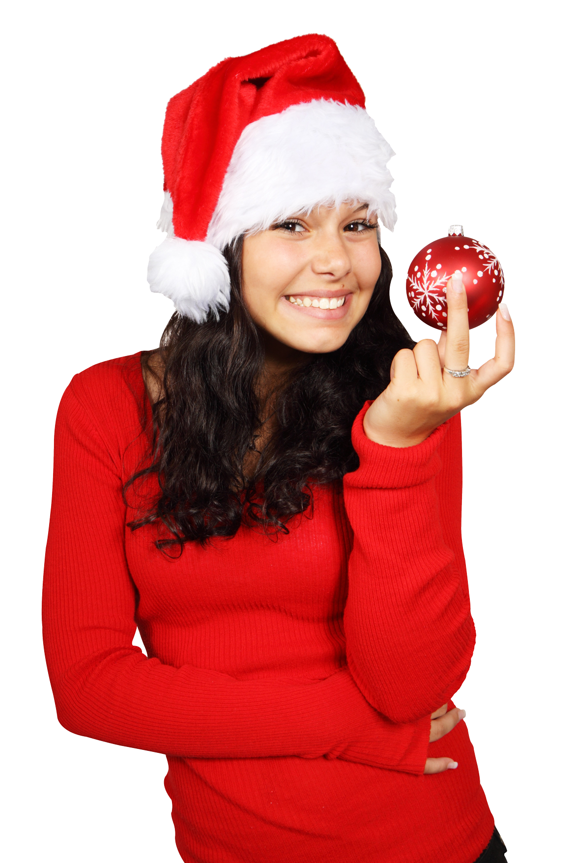 Womanin Christmas Hat Holding Ornament PNG image
