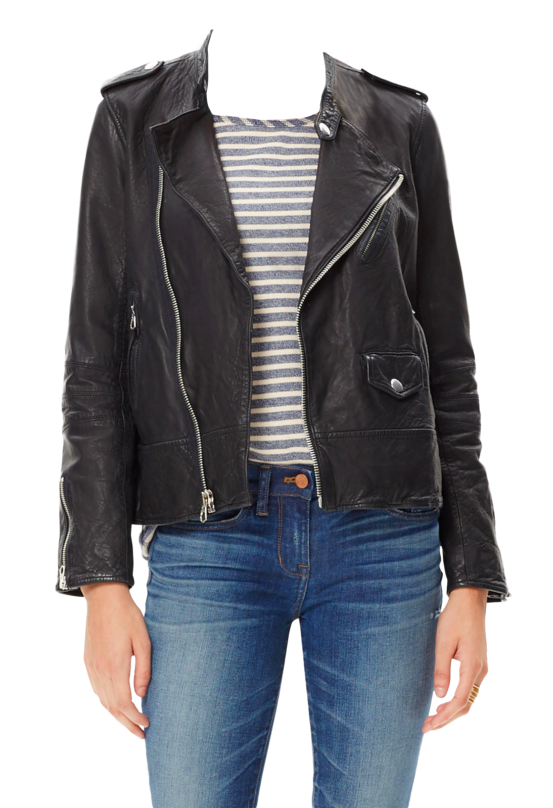 Womanin Leather Jacketand Blue Jeans PNG image