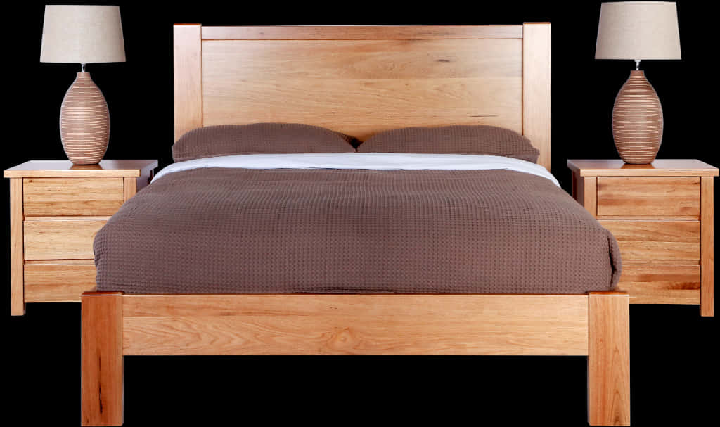 Wooden Bed With Nightstandsand Lamps PNG image