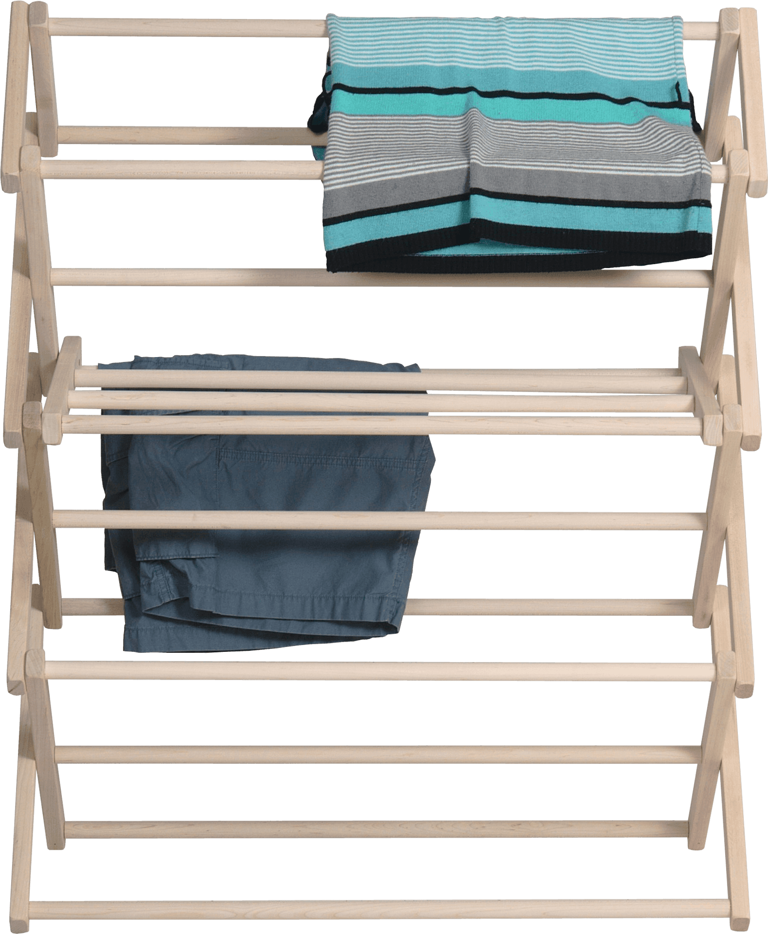 Wooden Clothes Drying Rack With Towels And Pants PNG image