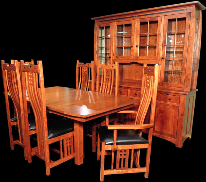 Wooden Dining Setwith Hutch PNG image