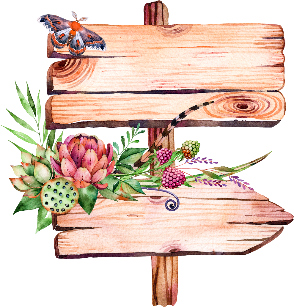 Wooden Direction Signwith Flowersand Butterfly PNG image