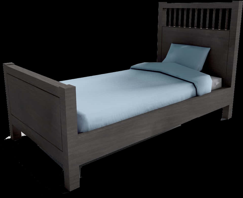 Wooden Single Bed With Blue Bedding PNG image