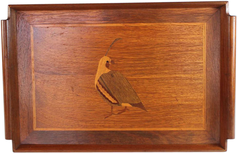 Wooden Traywith Inlaid Quail Design PNG image