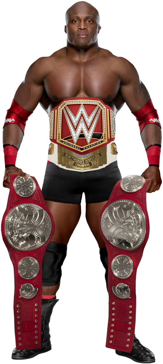 Wrestling_ Champion_ Posing_ With_ Belts PNG image