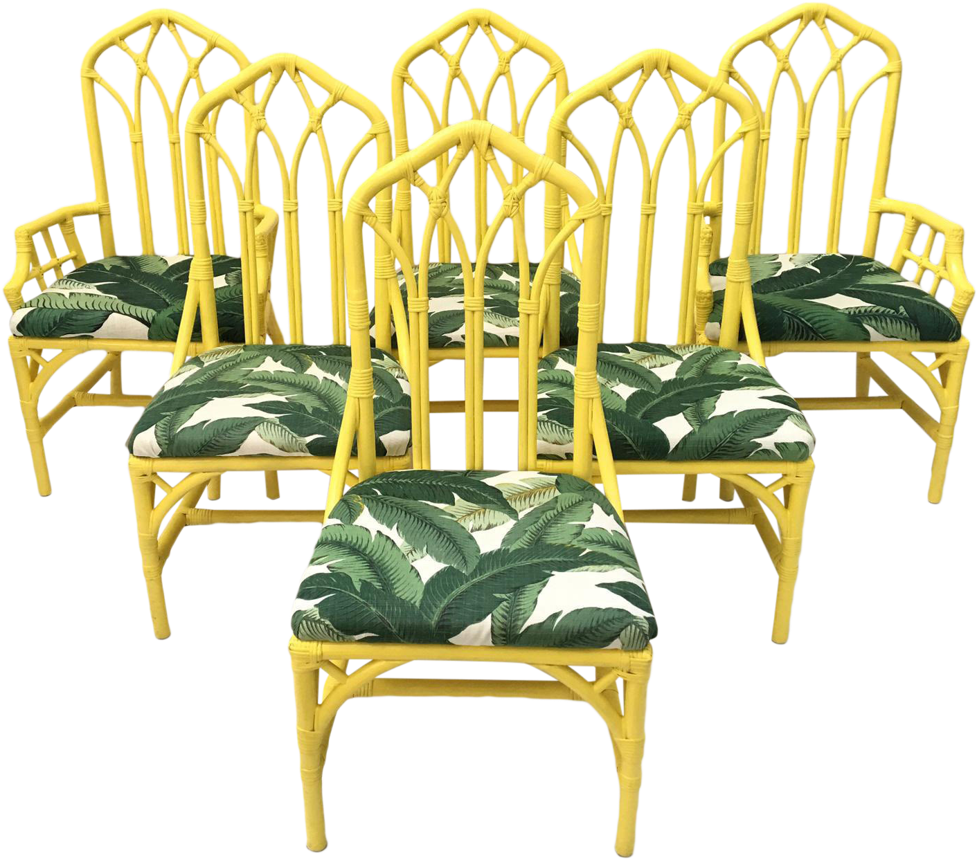 Yellow Bamboo Chairs Banana Leaf Cushions PNG image