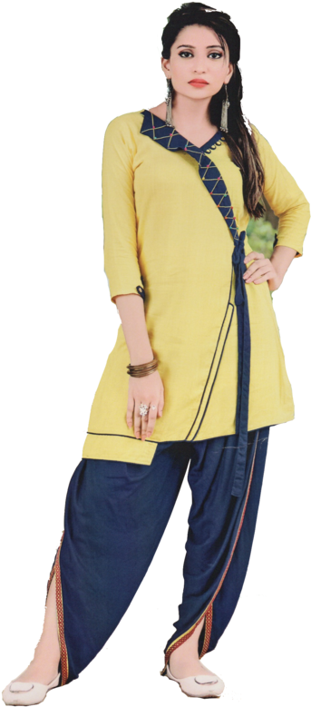 Yellow Blue Salwar Suit Model Pose PNG image