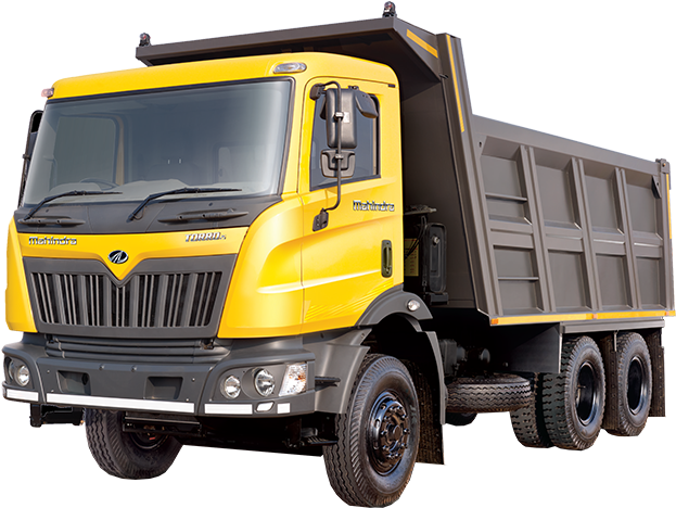 Yellow Mahindra Tipper Truck PNG image