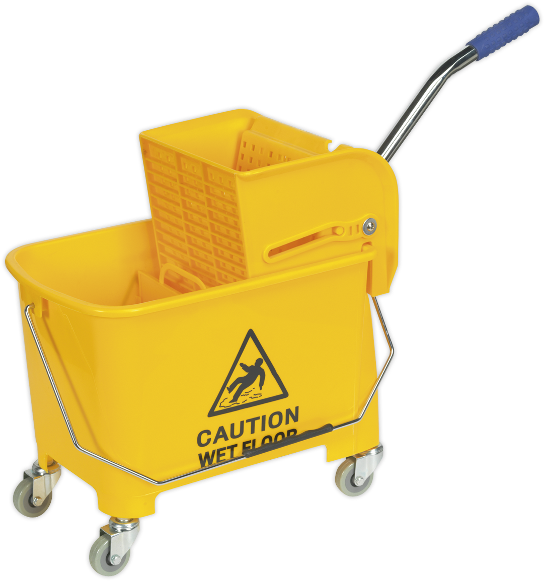 Yellow Mop Bucket With Wet Floor Sign PNG image