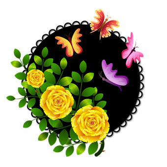 Yellow Rosesand Butterflies Graphic PNG image