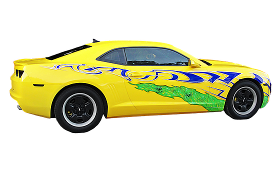 Yellow Sports Car With Graphic Design PNG image