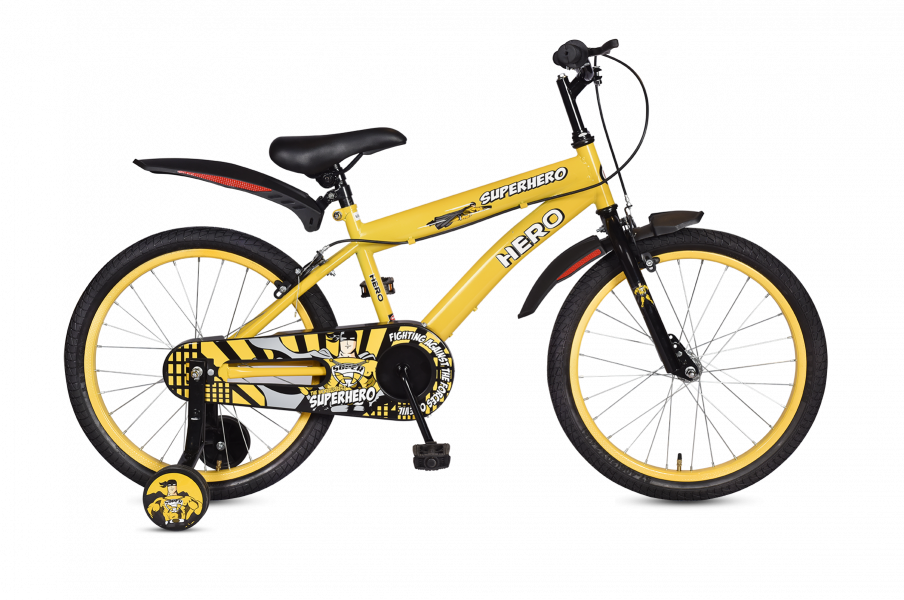 Yellow Superhero Themed Kids Bike PNG image