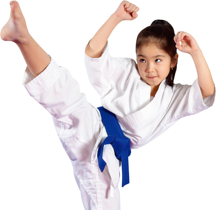 Young Karate Student Blue Belt High Kick PNG image