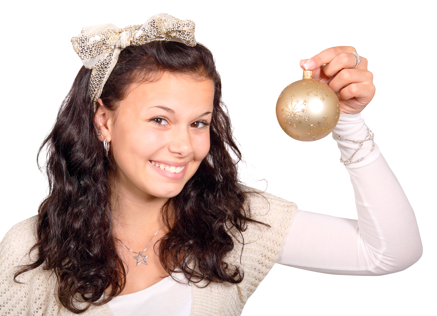 Young Woman Holding Christmas Ornament PNG image