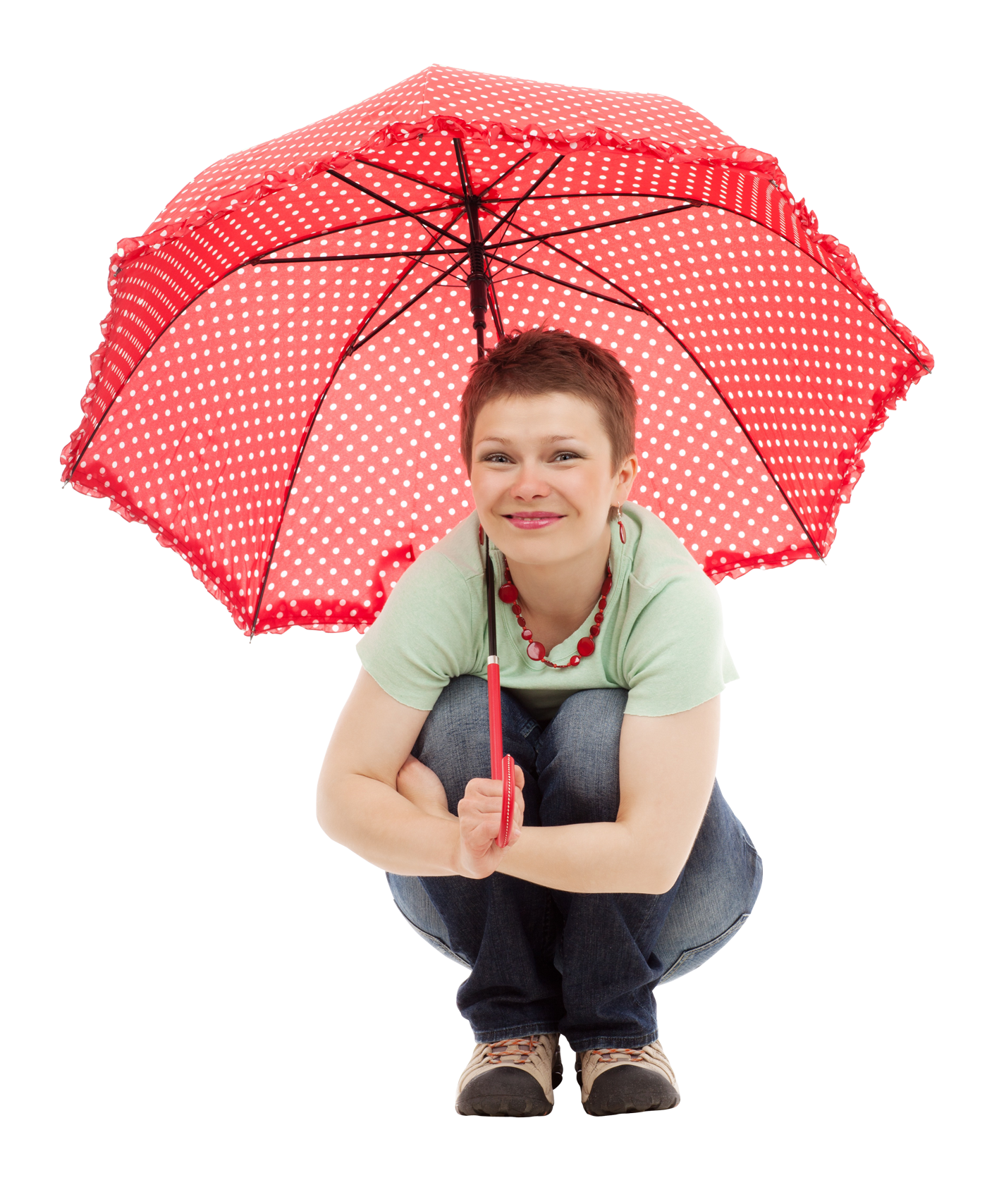 Young Womanwith Red Polka Dot Umbrella PNG image