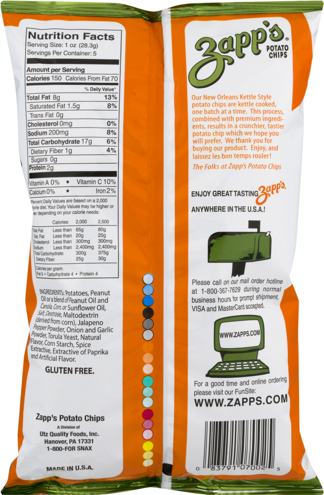 Zapps Potato Chips Nutrition Label PNG image