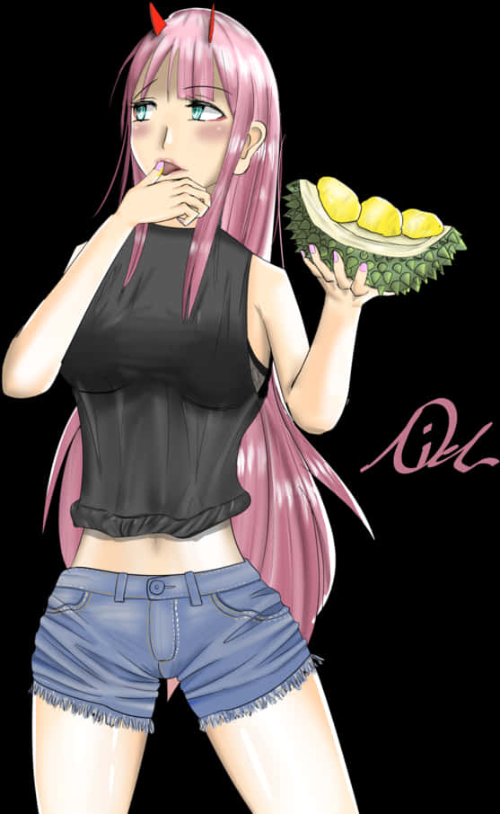 Zero Two Holding Durian Fruit PNG image