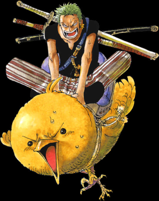 Zoro_ Riding_ Giant_ Chick_ Anime_ Illustration PNG image