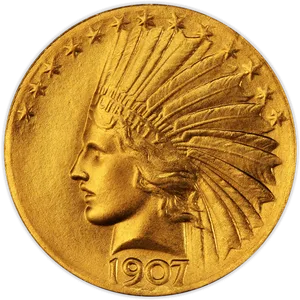 1907 Gold Indian Head Coin PNG image