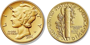 2016 U S Mercury Dime Centennial Gold Coin PNG image
