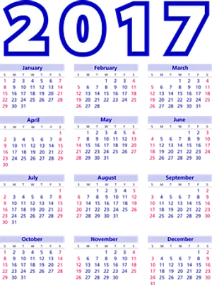 2017 Yearly Calendar Blue Background