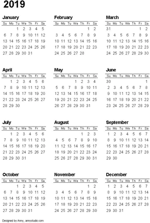 2019 Complete Year Calendar Clipart PNG image