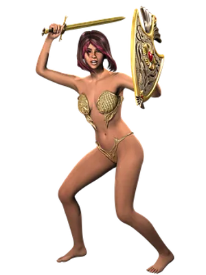 A Woman In A Garment Holding A Shield And Sword