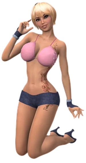 A Woman Wearing A Pink Garment And Blue Shorts