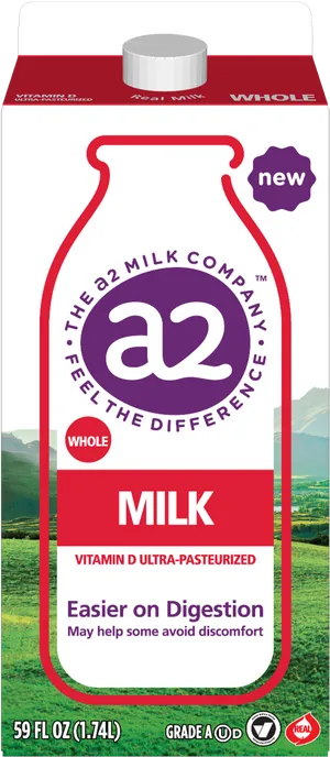 A2 Milk Carton Whole Vitamin D PNG image
