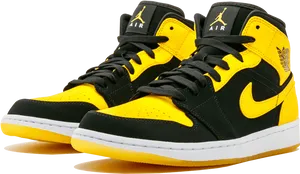 Air Jordan1 Mid Black Yellow Sneakers PNG image