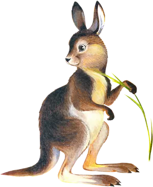 Alert Brown Rabbit Holding Grass PNG