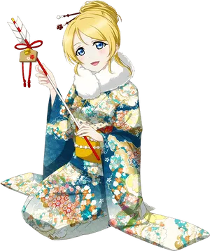 Animated Blonde Girlin Traditional Kimono PNG image