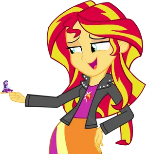 Animated Character Holding Tiny Figure_ Sunset Shimmer PNG image
