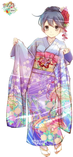 Animated Characterin Floral Kimono PNG image