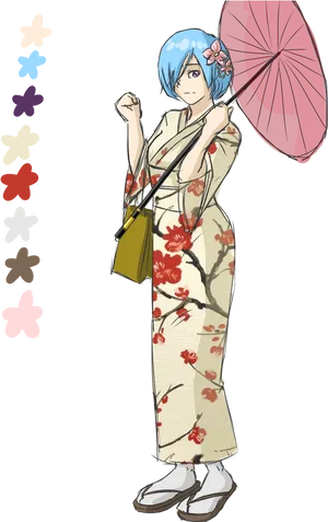 Animated Characterin Floral Kimonowith Umbrella PNG image