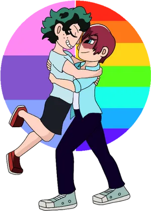 Animated Characters Embrace Rainbow Background PNG