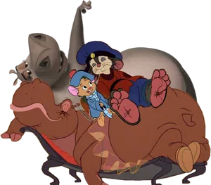 Animated Characters Riding Hippo PNG image