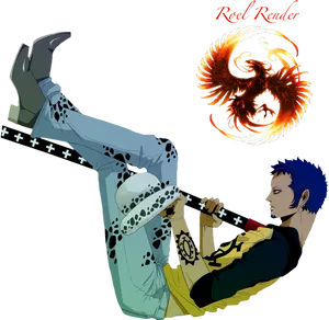 Animated Firebirdand Blue Haired Warrior PNG image