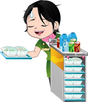 Animated Food Service Workerwith Cart PNG image