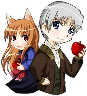 Animated Fox Girland Boy With Apple PNG