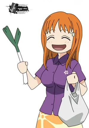 Animated Girl Holding Leek PNG image